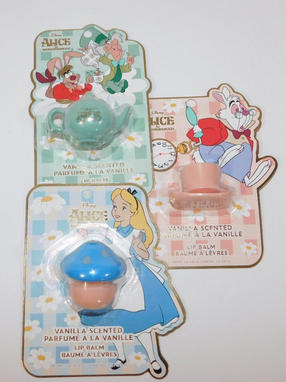 Set 3 Disney Alice in Wonderland Vanilla Scented Lip Balm Teapot Mushroom Hat - Picture 1 of 5